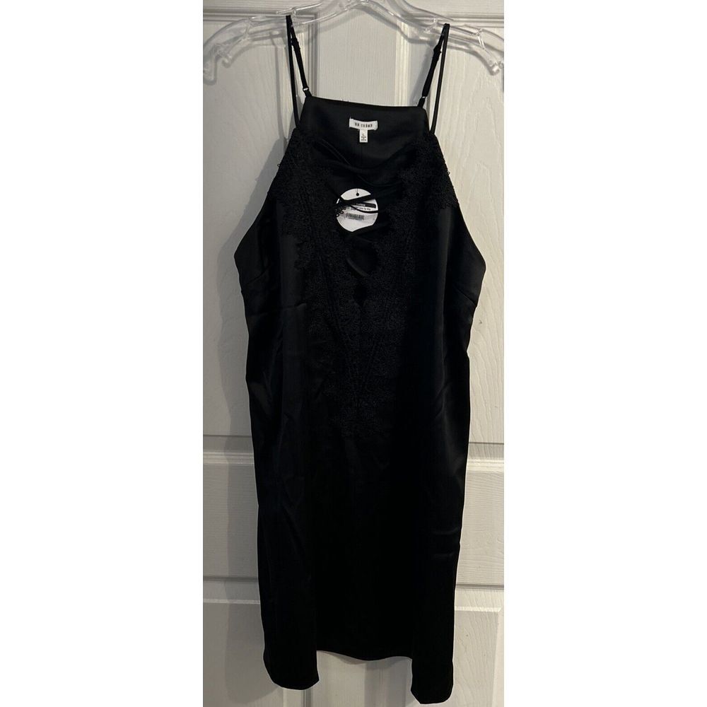 NWT En Creme Satin Crochet‎ Lace Up Slip Dress Black Large